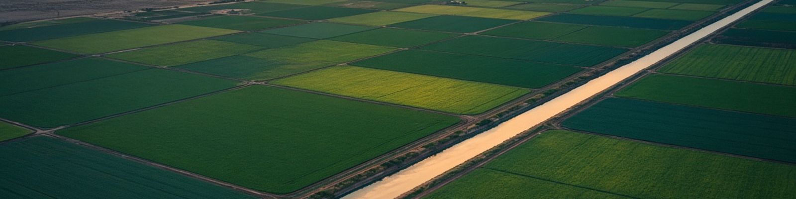 Irrigated fields and a canal below desert mountains at dawn