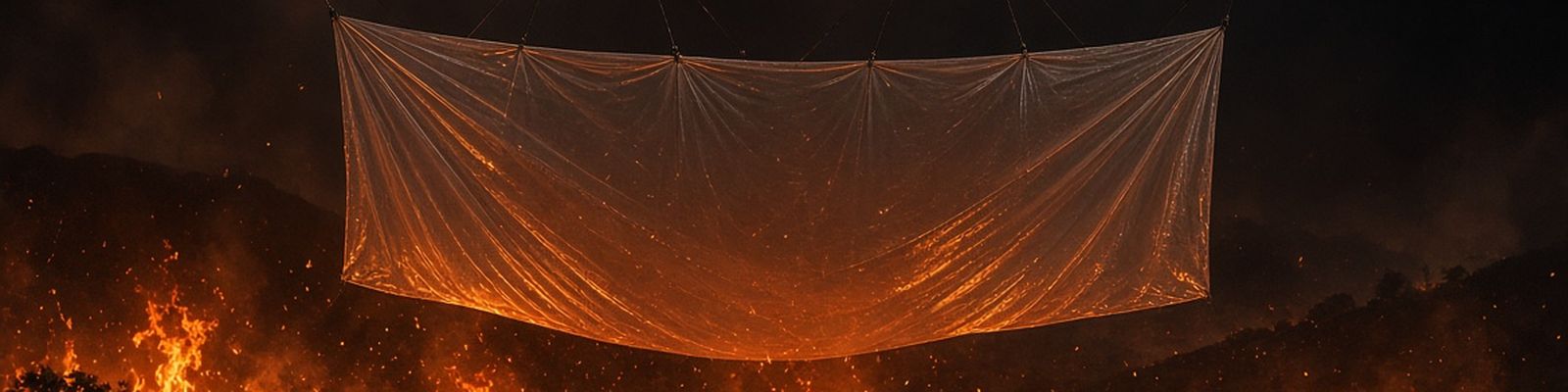 Drones lowering a translucent sheet over a wildfire