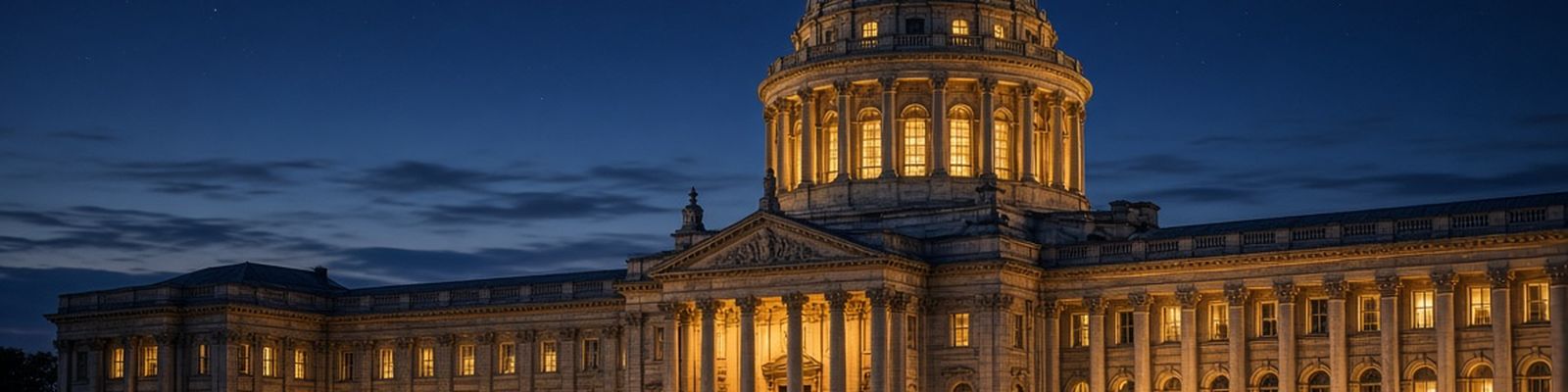 A domed civic building at dusk reflected in water