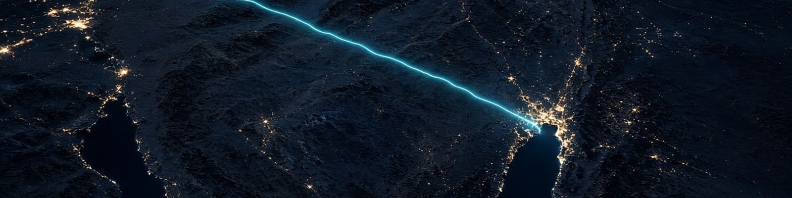 Israel from orbit at night with a route of light from Eilat to the sea